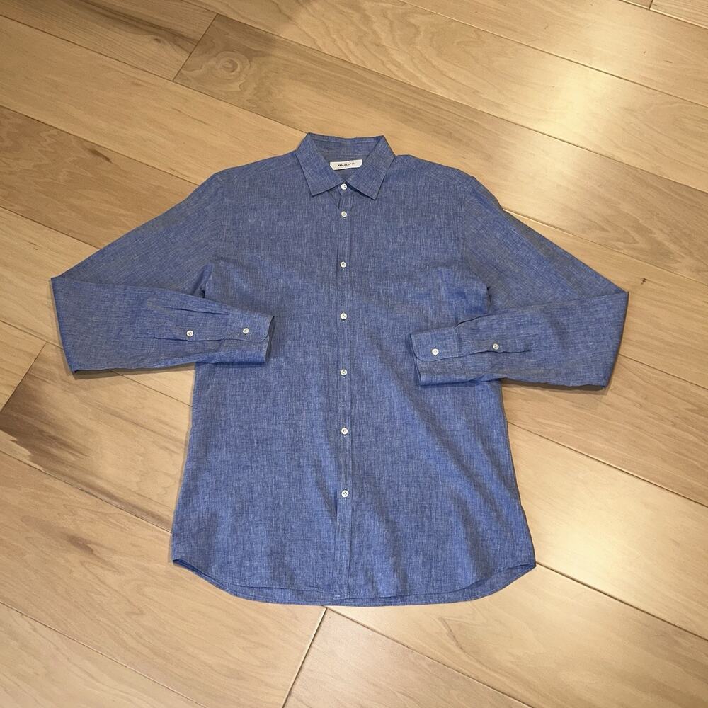Aglini David Linen Blend Button Up Blue Shirt Long Sleeve Men's 40